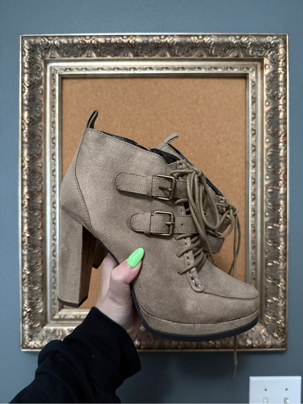 Mossimo Supply Co. Taupe Suede Lace-Up Platform Booties with Buckles